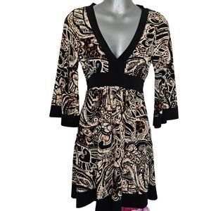 Mod 60's style Size M Stretch Poly Tie Back Tunic Dress V-Neck Bell Sleeve